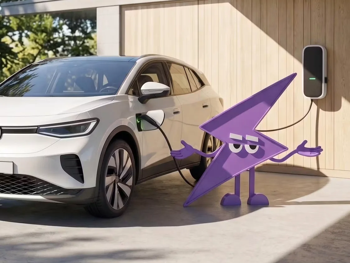Elektromobil sa nabíja pri domácej nabíjačke, vedľa neho maskot Wattiva v tvare fialového blesku.