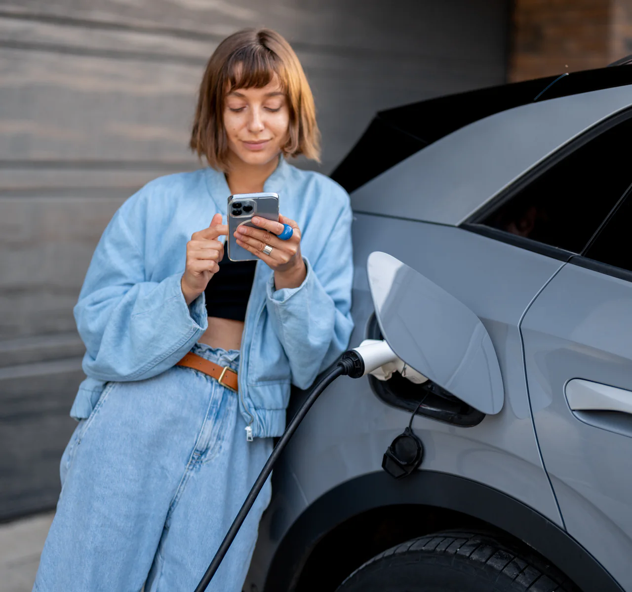 Žena kontroluje v telefóne nabíjanie pripojeného elektromobilu.